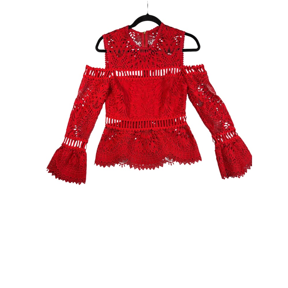 SAYLOR Red Guipure Lace Cold Shoulder Bell Sleeve Top Small Zip Back Blouse
